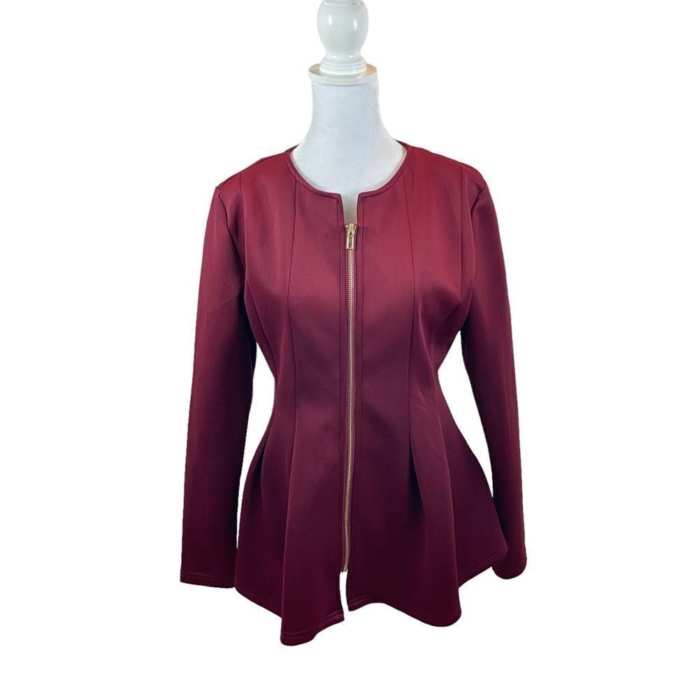 A Dip‎ of Darling Brand Burgundy Peplum Scuba Material Zip Up Jacket Size Medium